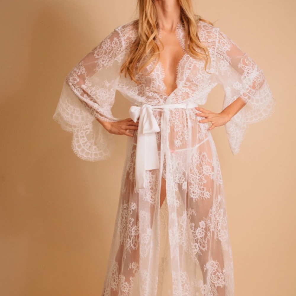 Maternity sheer gown White lace robe lingerie Lace kimono - TresSur